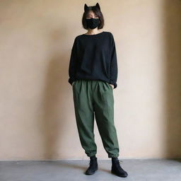 A girl with short wolf cut hair, wearing a black mask, loose long-sleeved black shirt, baggy 'moss green' pants. She has an average weight and is 163 cm tall.