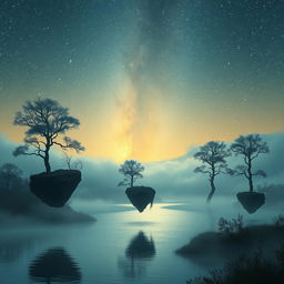 A surreal landscape with floating trees under a sky filled with luminous stars, a shimmering lake reflecting the celestial spectacle, and gentle fog cloaking the horizon