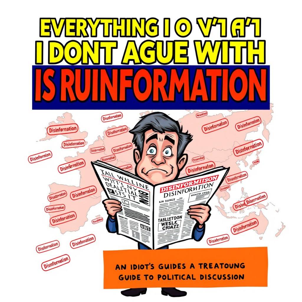 A satirical representation of a book titled "Everything I Don't Agree With Is Russian Disinformation: An Idiot's Guide to Political Discussion