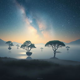 A surreal landscape with floating trees under a sky filled with luminous stars, a shimmering lake reflecting the celestial spectacle, and gentle fog cloaking the horizon