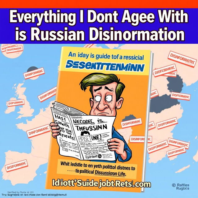 A satirical representation of a book titled "Everything I Don't Agree With Is Russian Disinformation: An Idiot's Guide to Political Discussion