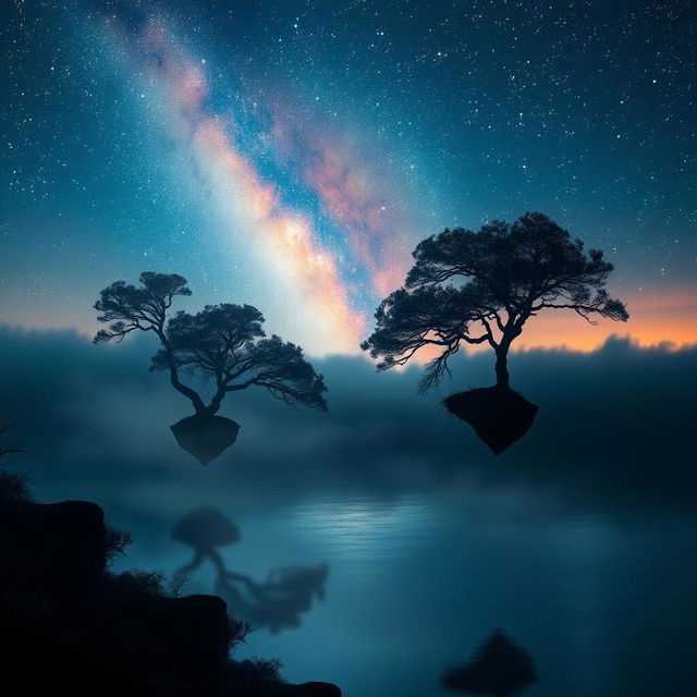 A surreal landscape with floating trees under a sky filled with luminous stars, a shimmering lake reflecting the celestial spectacle, and gentle fog cloaking the horizon