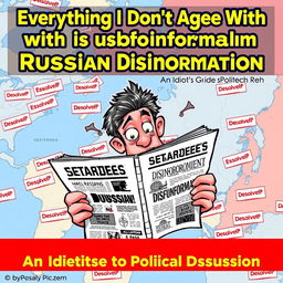 A satirical representation of a book titled "Everything I Don't Agree With Is Russian Disinformation: An Idiot's Guide to Political Discussion