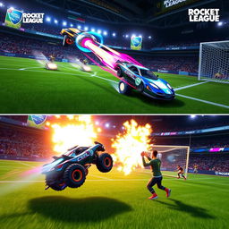 Two epic comebacks in a Rocket League match, showcasing intense action and high-speed car maneuvers