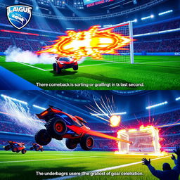 Two epic comebacks in a Rocket League match, showcasing intense action and high-speed car maneuvers