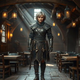 An old warrior woman with short grey and black hair stands proudly in an empty fantasy tavern