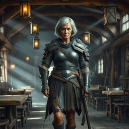 An old warrior woman with short grey and black hair stands proudly in an empty fantasy tavern