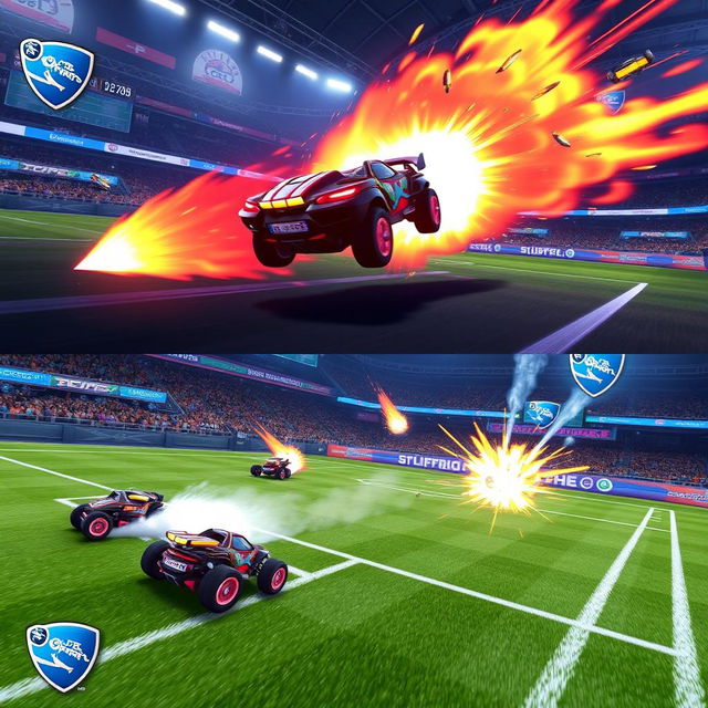 Two epic comebacks in a Rocket League match, showcasing intense action and high-speed car maneuvers