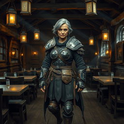 An old warrior woman with short grey and black hair stands proudly in an empty fantasy tavern