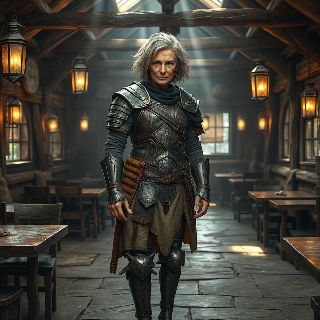 An old warrior woman with short grey and black hair stands proudly in an empty fantasy tavern