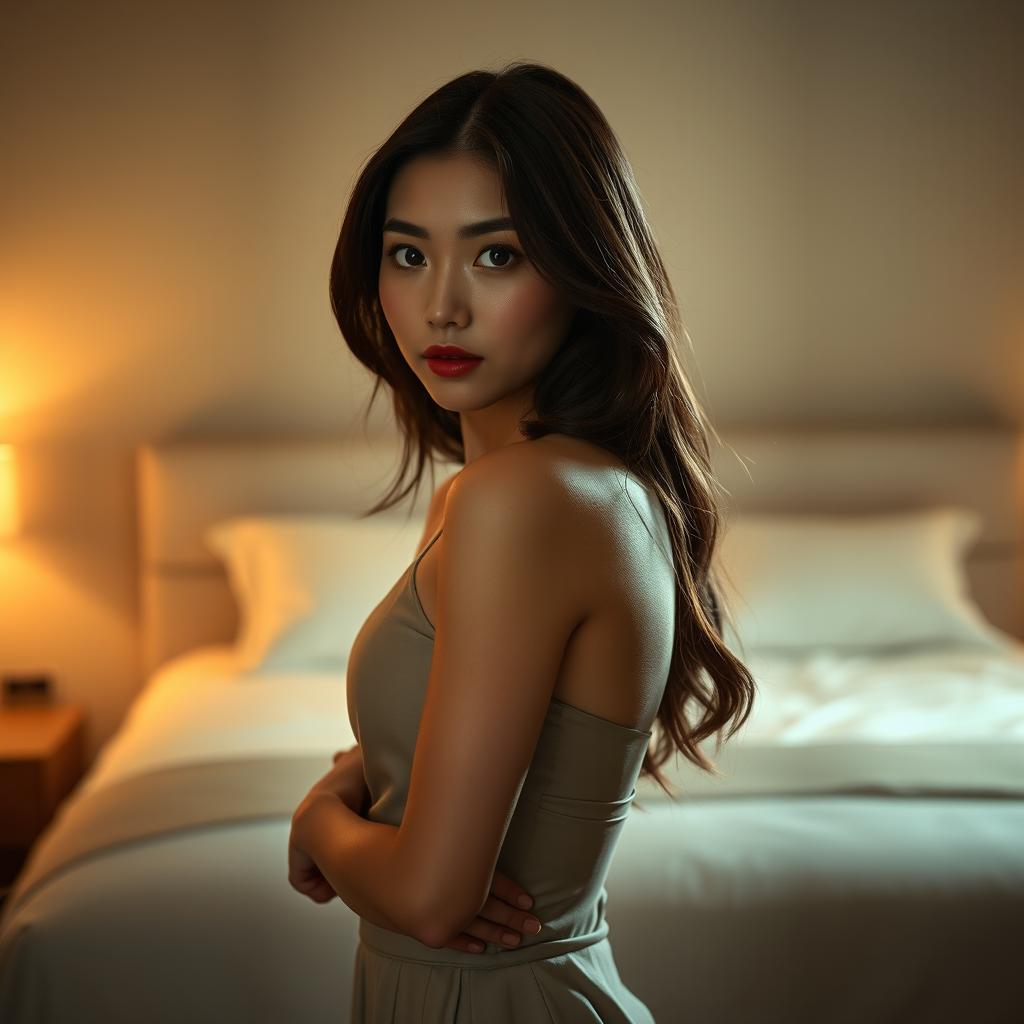 a beautiful Chinese woman standing in front of a bed, exhibiting a shy expression