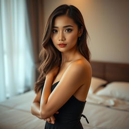 a beautiful Chinese woman standing in front of a bed, exhibiting a shy expression