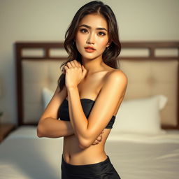 a beautiful Chinese woman standing in front of a bed, exhibiting a shy expression