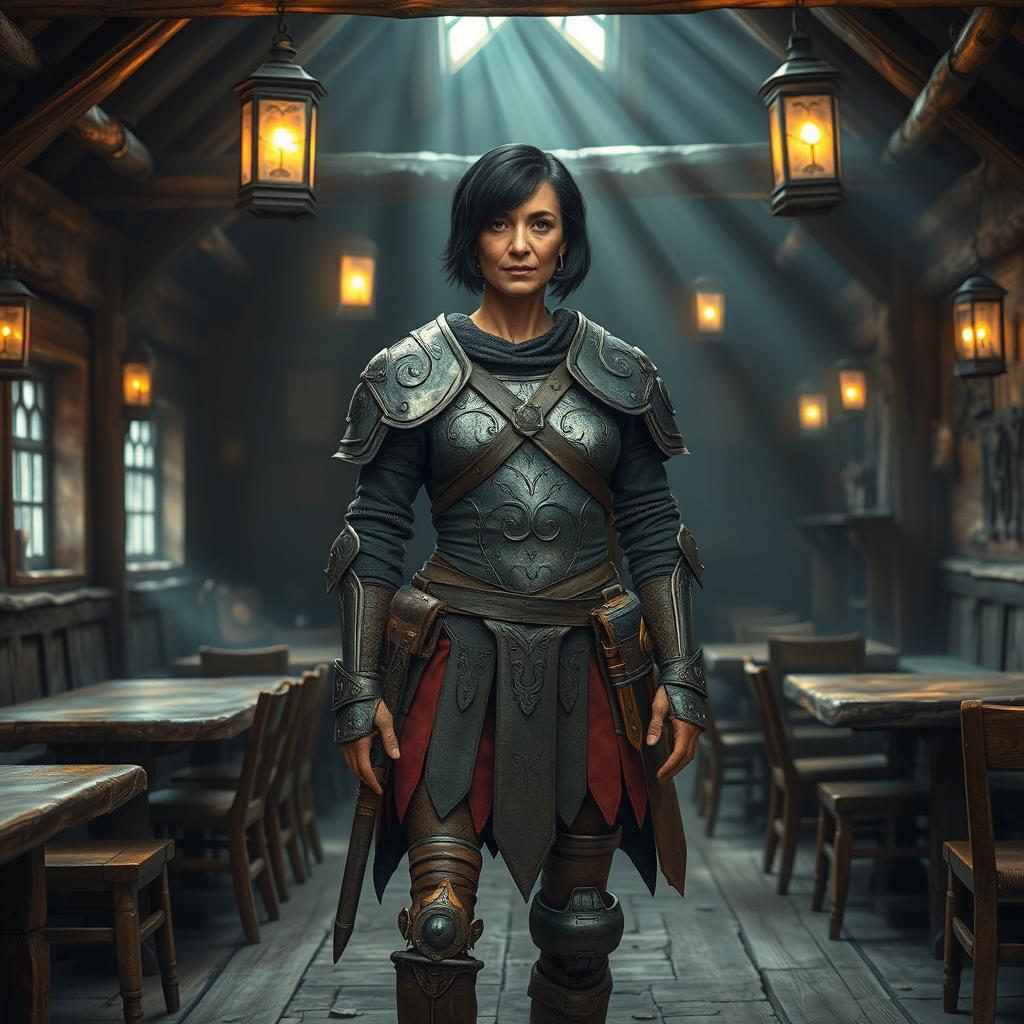 An old warrior woman with short black hair stands confidently in an empty fantasy tavern