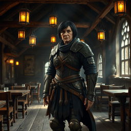 An old warrior woman with short black hair stands confidently in an empty fantasy tavern