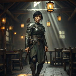 An old warrior woman with short black hair stands confidently in an empty fantasy tavern