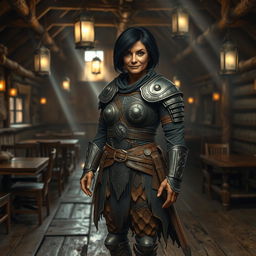 An old warrior woman with short black hair stands confidently in an empty fantasy tavern