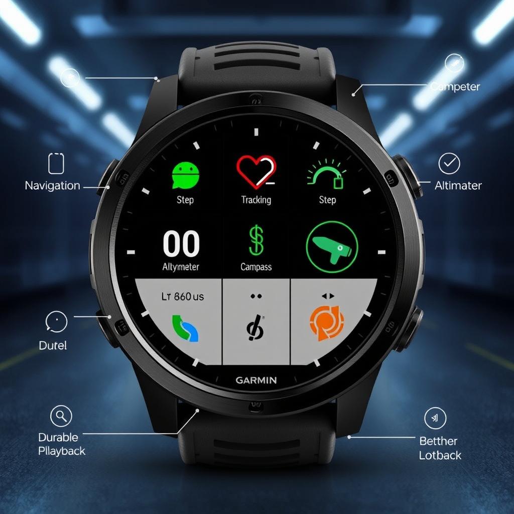 A modern Garmin-style smartwatch showcasing its multitude of functionalities on a sleek digital interface