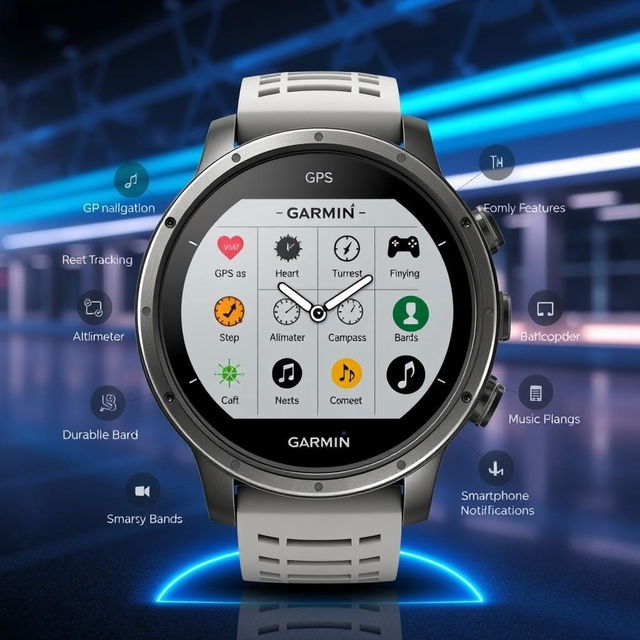 A modern Garmin-style smartwatch showcasing its multitude of functionalities on a sleek digital interface