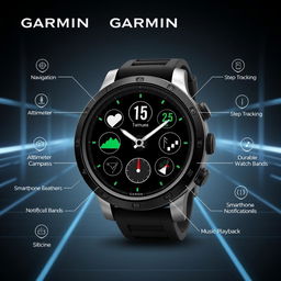 A modern Garmin-style smartwatch showcasing its multitude of functionalities on a sleek digital interface