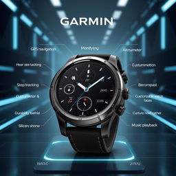 A modern Garmin-style smartwatch showcasing its multitude of functionalities on a sleek digital interface