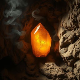 A golden amber crystal with an uneven surface, embedded into the rugged cave wall