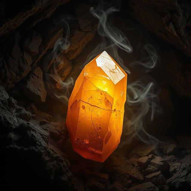 A golden amber crystal with an uneven surface, embedded into the rugged cave wall