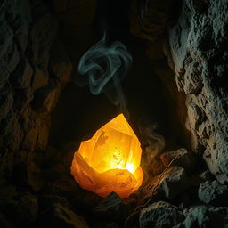 A golden amber crystal with an uneven surface, embedded into the rugged cave wall