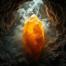 A golden amber crystal with an uneven surface, embedded into the rugged cave wall