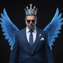 A intimidating mafia boss character, adorned with ethereal blue wings, standing proudly with a crown bearing the numeral 4.