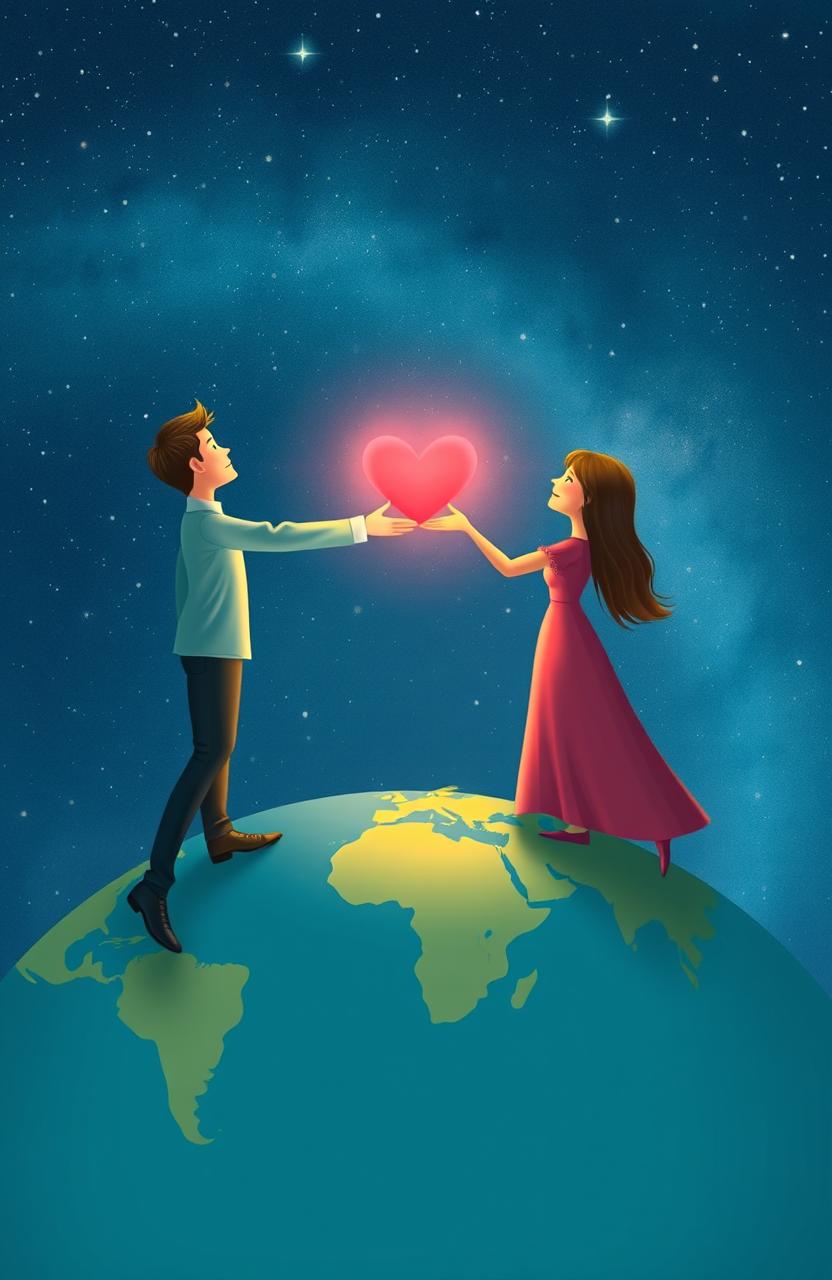 A heartfelt depiction of a long-distance relationship, featuring a couple standing on opposite sides of a globe