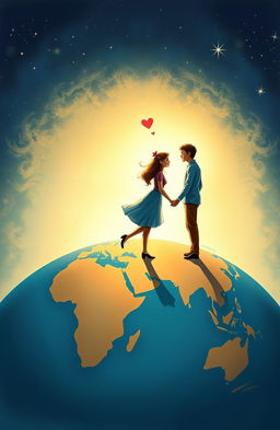 A heartfelt depiction of a long-distance relationship, featuring a couple standing on opposite sides of a globe