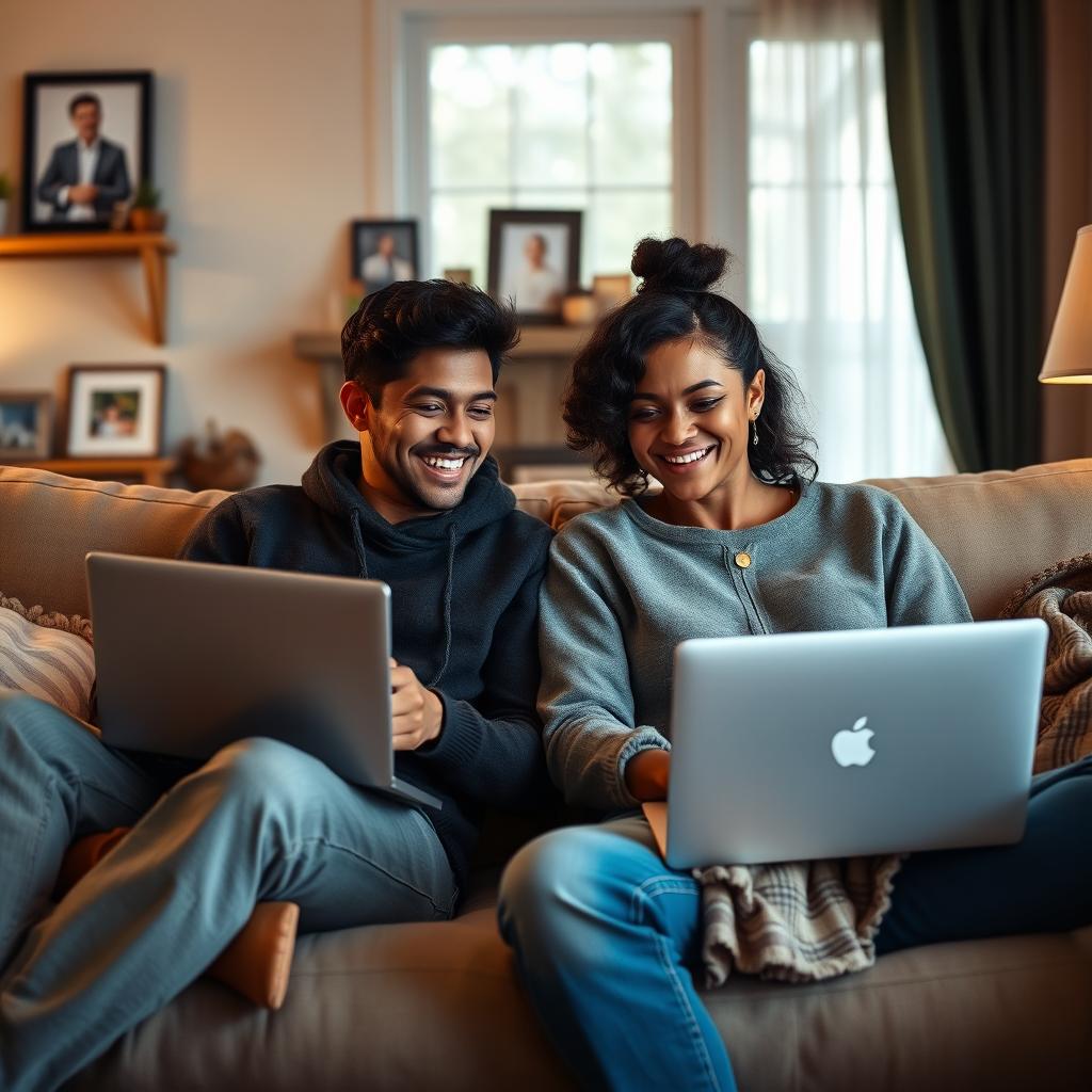 A realistic depiction of a long-distance couple in a living room setting, each sitting on a couch with laptops, video chatting with each other