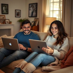 A realistic depiction of a long-distance couple in a living room setting, each sitting on a couch with laptops, video chatting with each other