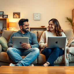 A realistic depiction of a long-distance couple in a living room setting, each sitting on a couch with laptops, video chatting with each other