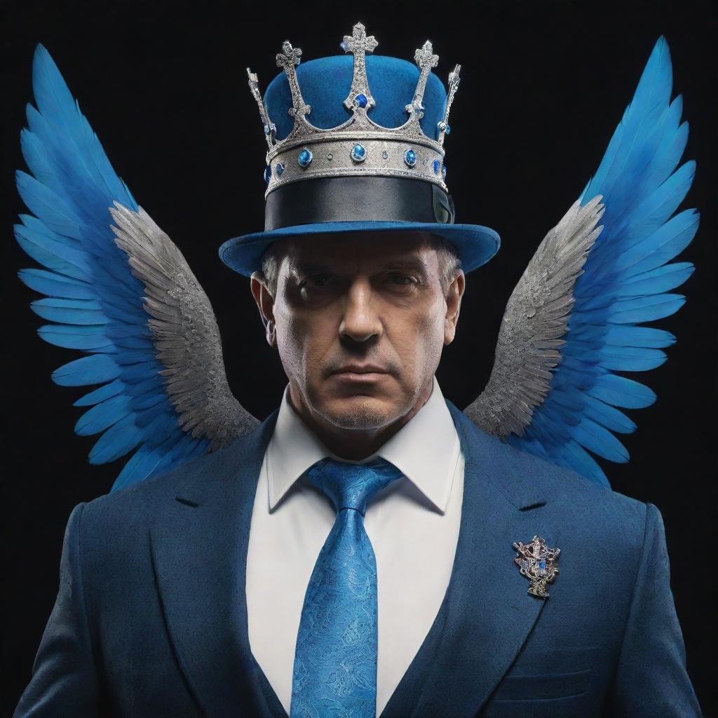 A intimidating mafia boss character, adorned with ethereal blue wings, standing proudly with a crown bearing the numeral 4.