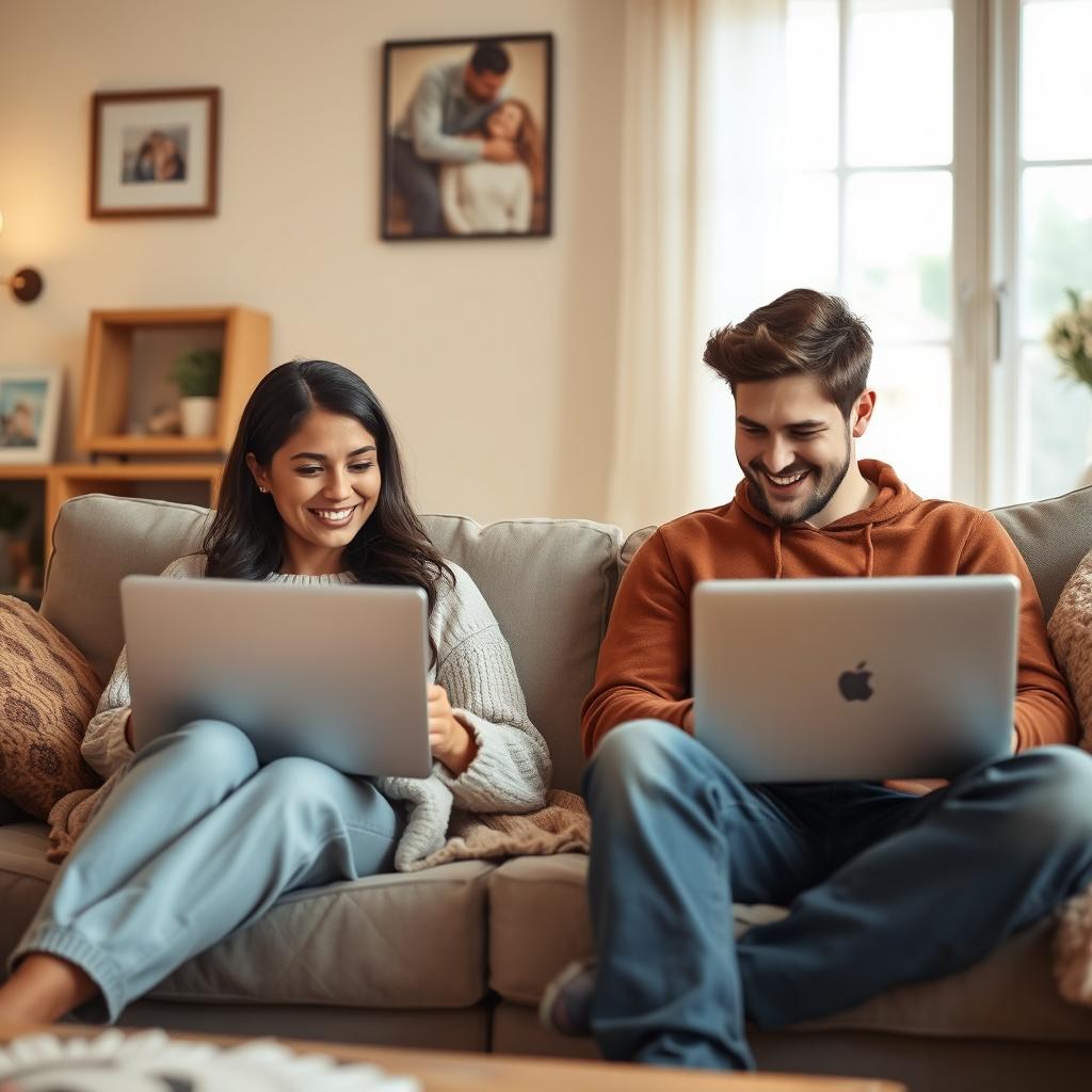 A realistic depiction of a long-distance couple in a living room setting, each sitting on a couch with laptops, video chatting with each other