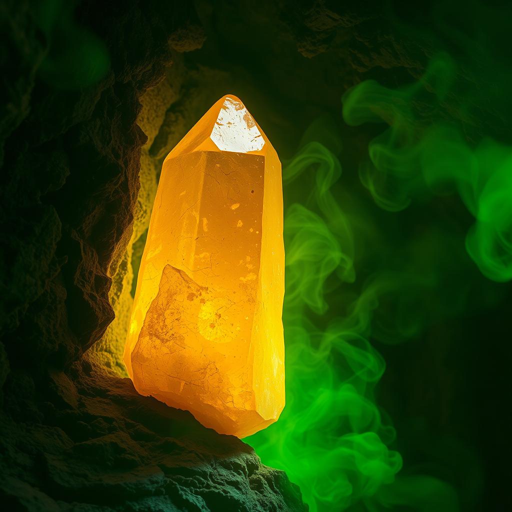 A golden amber crystal with an uneven surface, wedged into a crack in the rugged cave wall