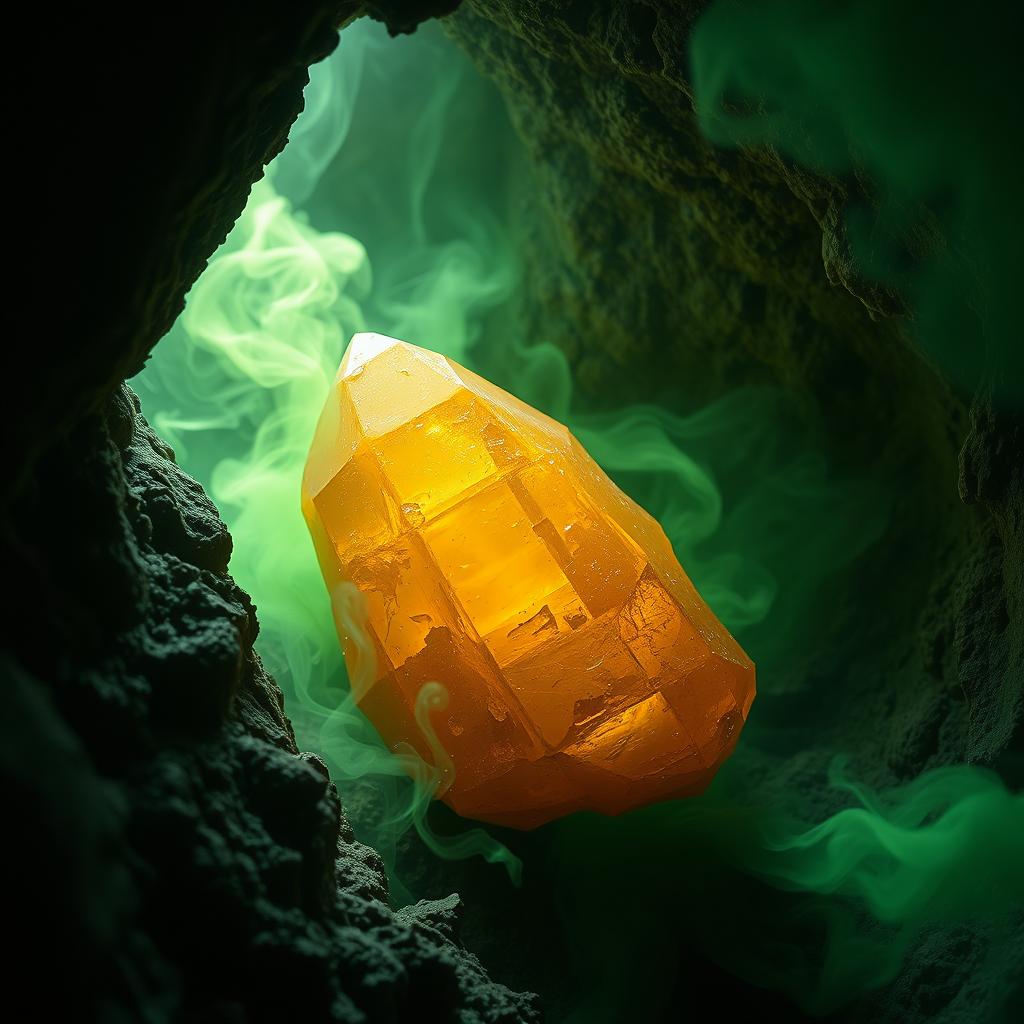 A golden amber crystal with an uneven surface, wedged into a crack in the rugged cave wall