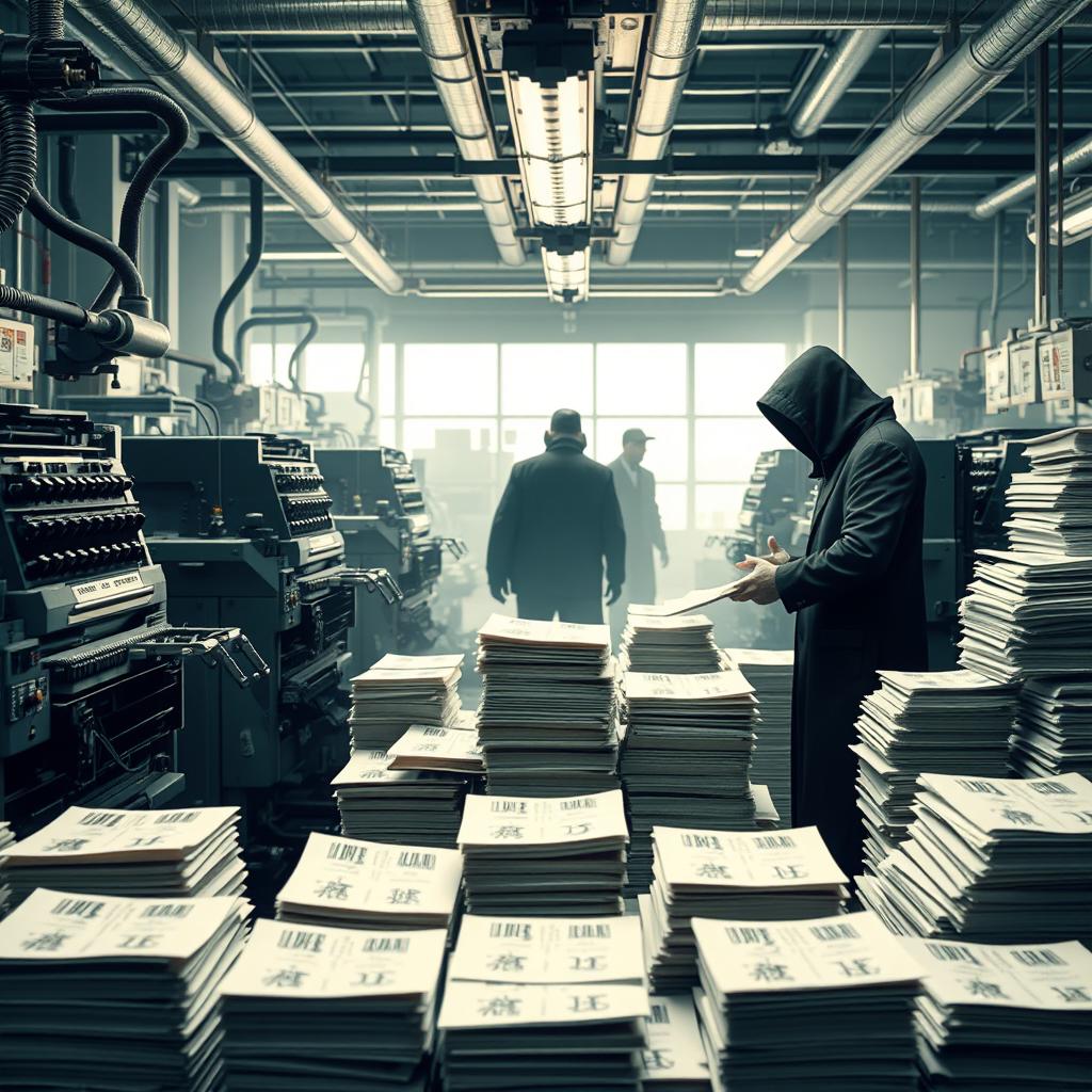 A modern printing press, symbolizing the art of sovereignty, manipulated by imposters