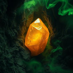 A golden amber crystal with an uneven surface, wedged into a crack in the rugged cave wall