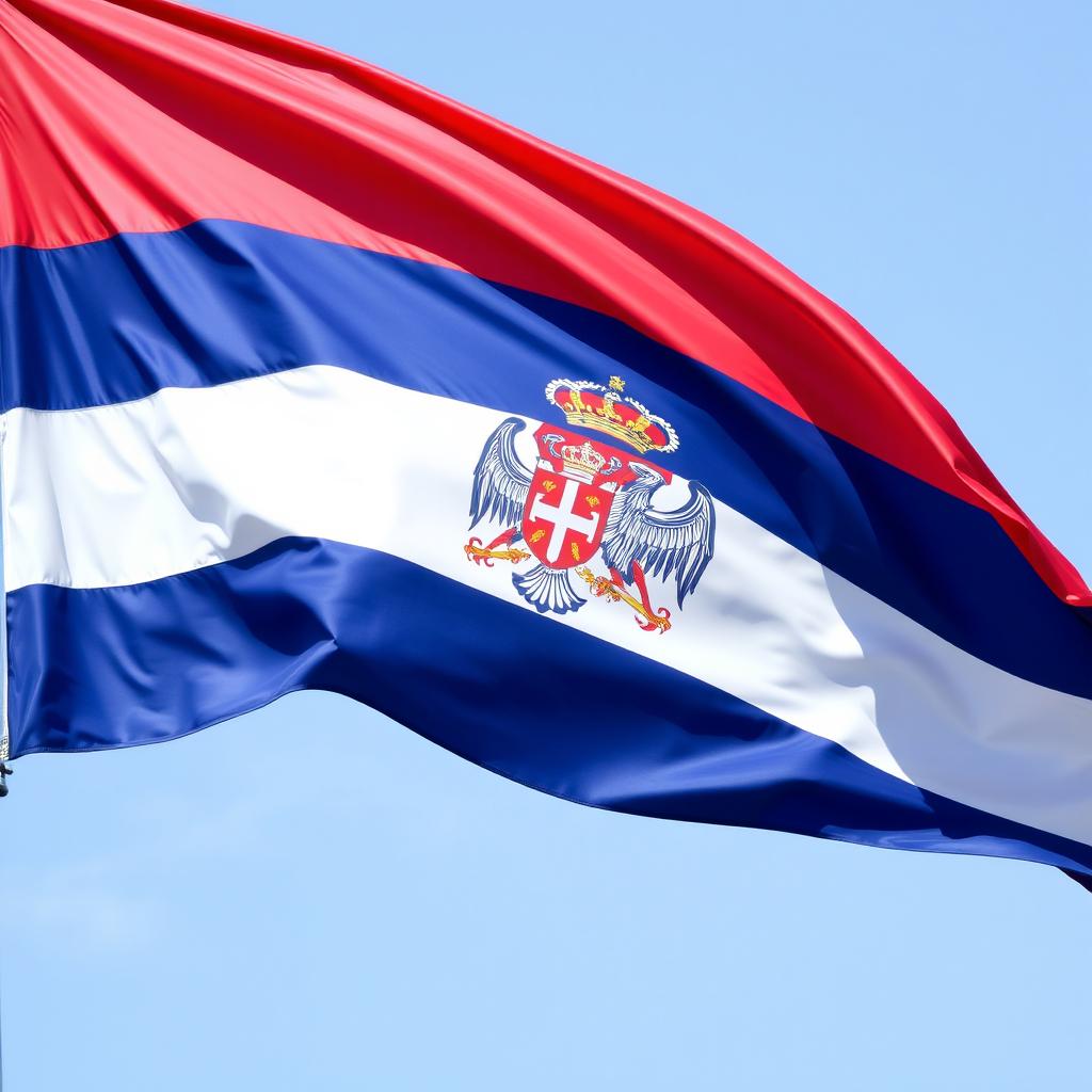 A vibrant image of the Serbian national flag, showcasing its three horizontal stripes of red, blue, and white from top to bottom, with the national coat of arms prominently displayed on the blue stripe near the flagpole