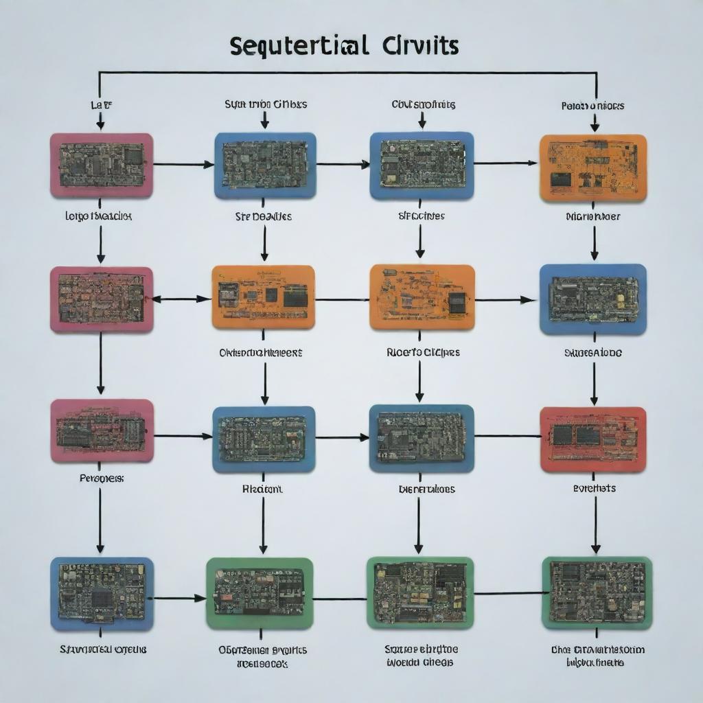 Illustration of a definition for Sequential Circuits featuring labels and arrows indicating different components (like flip-flops, logic gates) and process flow in a style that is easy to understand.