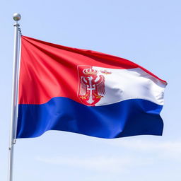 A vibrant image of the Serbian national flag, showcasing its three horizontal stripes of red, blue, and white from top to bottom, with the national coat of arms prominently displayed on the blue stripe near the flagpole