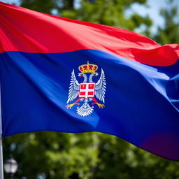 A vibrant image of the Serbian national flag, showcasing its three horizontal stripes of red, blue, and white from top to bottom, with the national coat of arms prominently displayed on the blue stripe near the flagpole