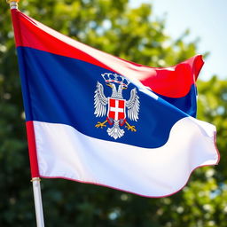 A vibrant image of the Serbian national flag, showcasing its three horizontal stripes of red, blue, and white from top to bottom, with the national coat of arms prominently displayed on the blue stripe near the flagpole