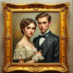 A young and beautiful Victorian couple elegantly posed within an ornate golden frame