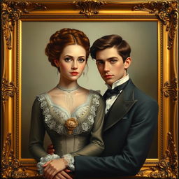 A young and beautiful Victorian couple elegantly posed within an ornate golden frame