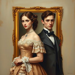 A young and beautiful Victorian couple elegantly posed within an ornate golden frame