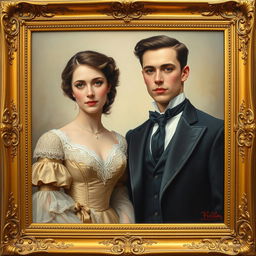 A young and beautiful Victorian couple elegantly posed within an ornate golden frame